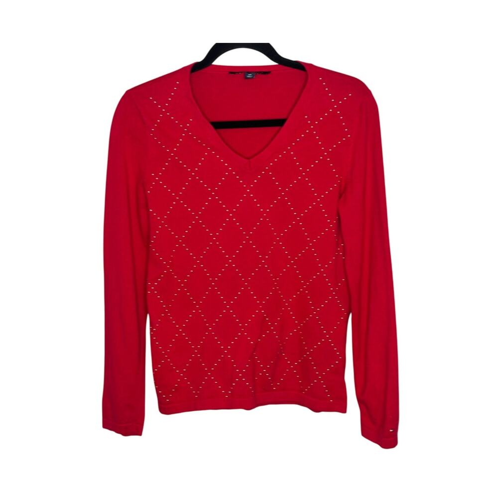 Tommy Hilfiger Sweater Womens S Red Gold Beaded Argyle V-Neck 100% Cotton Knit
